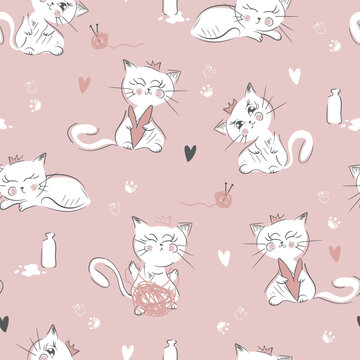 Cute hand drawn cat character seamless pattern