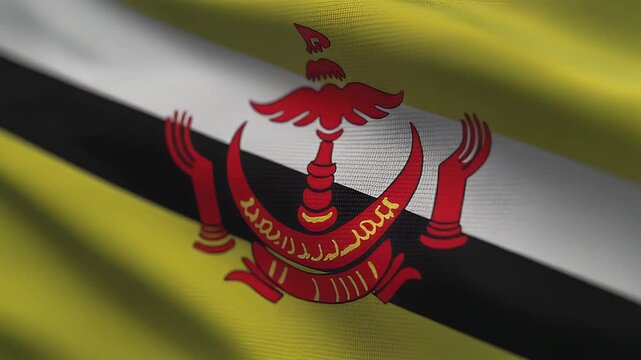 National flag of Brunei waving with emblem and crest, symbolizing national identity and sovereignty, viewed from a close-up perspective