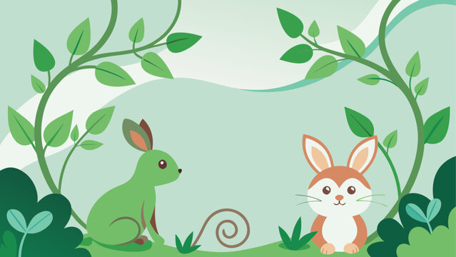 Whimsical forest creatures, green rabbit, orange hare, cartoon animals, vector illustration, nature scene