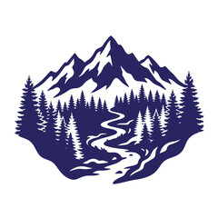 Fototapeta premium Mountain range with pine forest and winding river vector illustration pine trees mountain landscape outdoors adventure wilderness illustration monochrome