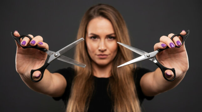 Confident Female Hairdresser Holding Professional Haircutting Scissors and Thinning Shears Towards the Camera Blurred Background