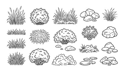 Modern hand drawn landscape vector set with grass bushes and stone line art © MdRabbi