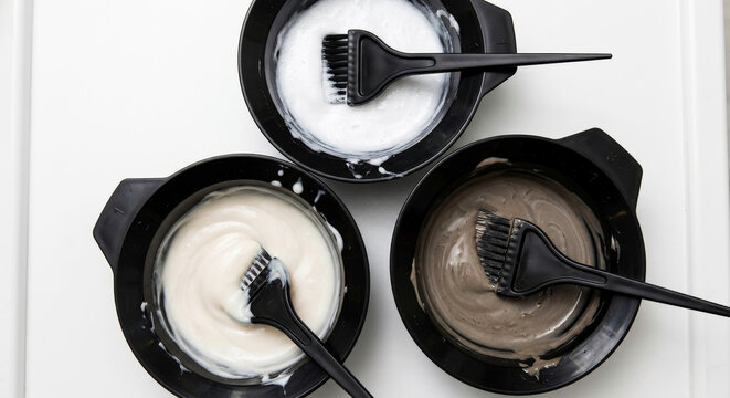 Top View of Three Plastic Bowls Containing Different Shades of Hair Dye and Applicator Brushes