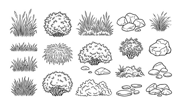Modern hand drawn landscape vector set with grass bushes and stone line art