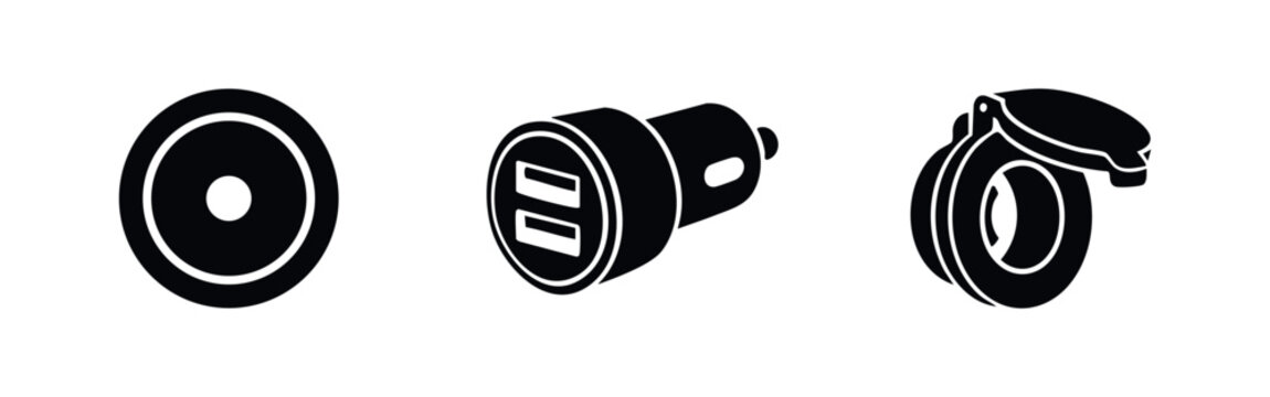 Car power outlet and USB charger icons set for automotive accessories