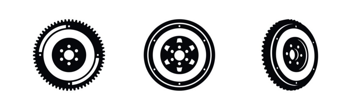 Car engine flywheel and clutch plate icons set for automotive engineering