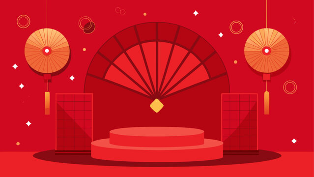 Chinese New Year, red festive background, lanterns, fan decoration, CNY celebration