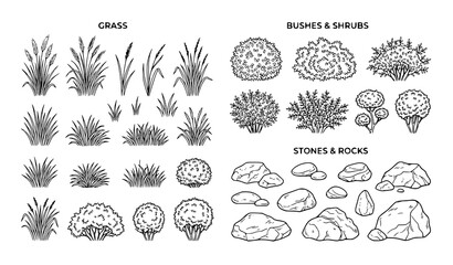 Hand drawn grass bushes and stones line art vector set for landscape design © MdRabbi