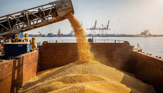 A commercial view of golden grain flowing from a large conveyor belt into the hold of a cargo ship at a busy port, with distant industrial cranes and a calm sea under bright daylight, symbolizing glob