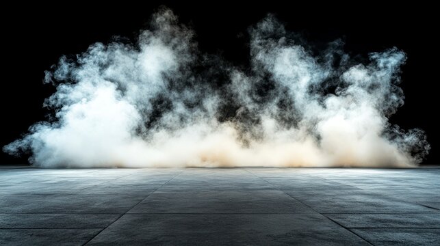 Empty concrete platform with dense smoke.