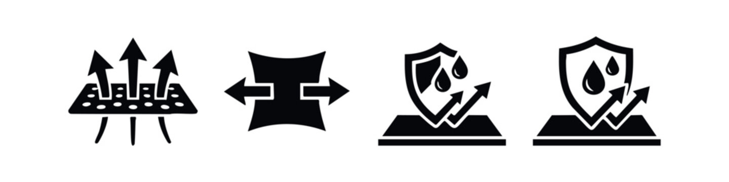 Breathable fabric, flexible material, waterproof shield icons
