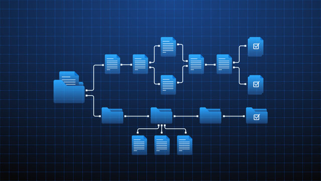Digital network of document management workflow system with folder processing pipeline and task data checklist diagram.