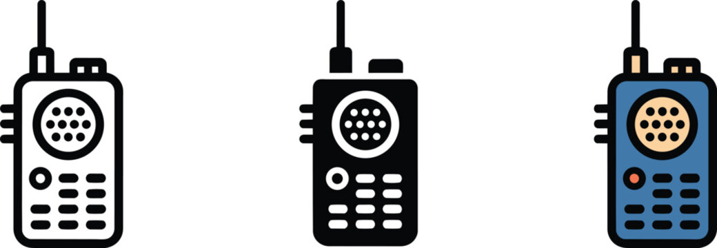Distinct walkie talkie icons set in different styles, featuring flat and designs with blue and black colors and clip art, two way radio