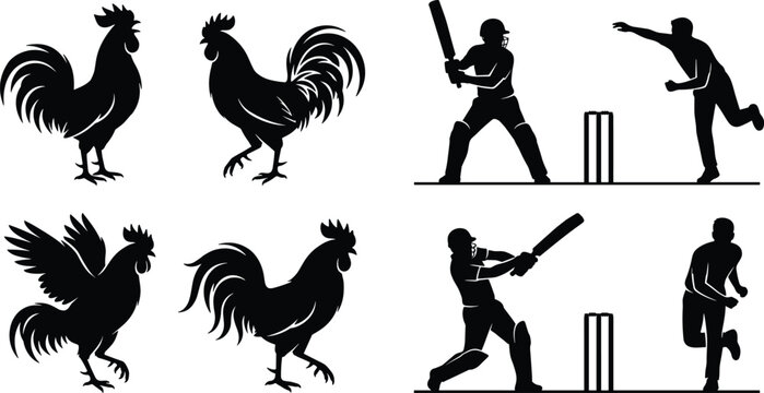 Rooster and Cricket Player Silhouette Collection with Batting and Bowling Sports Action Vector Illustration Set
