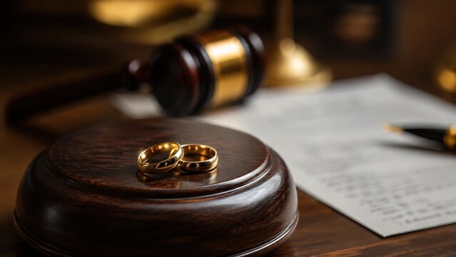 Two Gold Wedding Rings on a Gavel Stand, Justice and Divorce