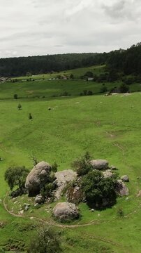 Vertical drone orbit around Las Piedrotas granite boulders and green meadow landscape, Tapalpa