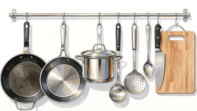 Watercolor Illustration of Neatly Hung Kitchen Cookware, Utensils, and Wooden Cutting Board on Wall-Mounted Stainless Steel Rack Against Plain White Background