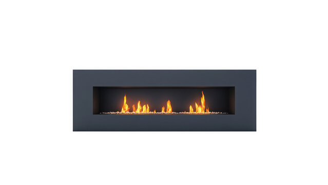 Modern wall mounted electric fireplace with realistic yellow and orange flames on transparent background