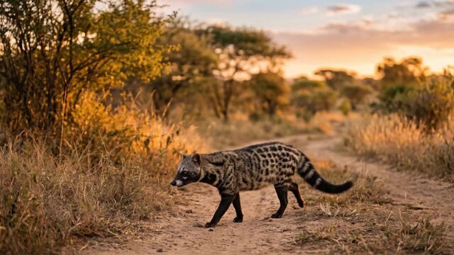  African Civet at golden hour walking.