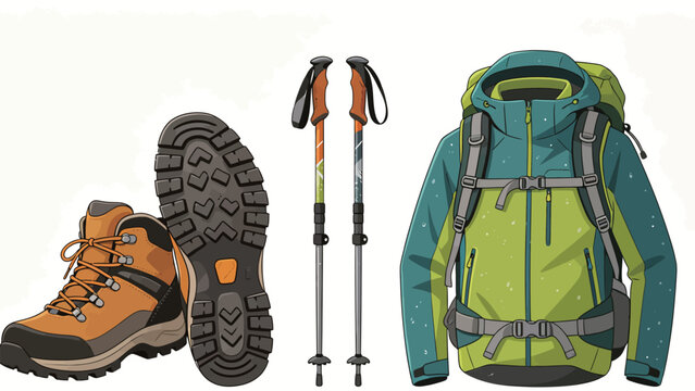 Clean flat cartoon illustration of essential hiking gear set: boots showing side and tread view, trekking poles, waterproof jacket with backpack, off-white background