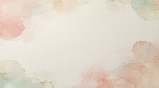 High-resolution macro photograph of handcrafted textured paper background with ethereal pastel pink and sage green watercolor gradients, creating a dreamlike frame with central copy space.