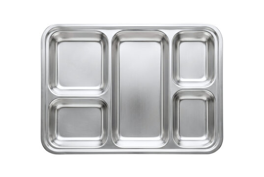 Empty stainless steel lunch tray with five compartments
