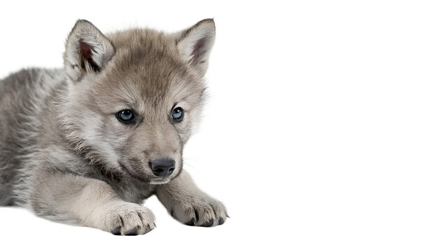 Cute small furry grey wolf cub or husky puppy standing alertly for forest wildlife nature on transparent background