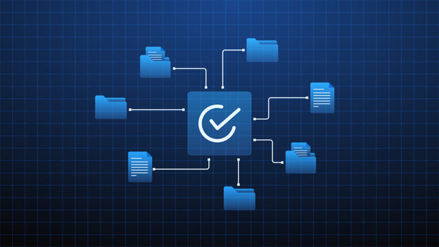 Digital document management workflow system with folder processing pipeline and task data checklist diagram.
