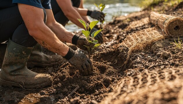 Two individuals actively engage in an environmental restoration project, meticulously planting young trees within the rich, muddy soil by a body of water, symbolizing growth and ecological renewal