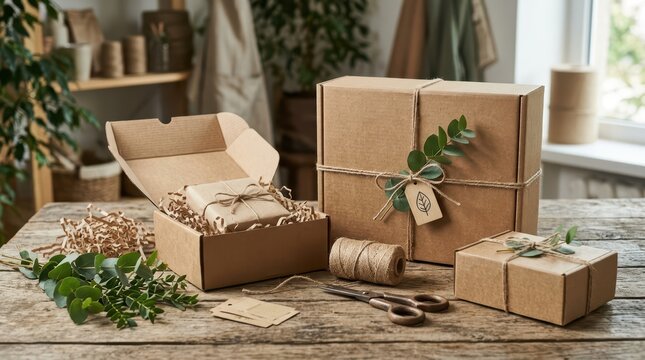 Eco friendly kraft gift boxes wrapped with twine and greenery arranged on rustic wooden table in bright studio setting