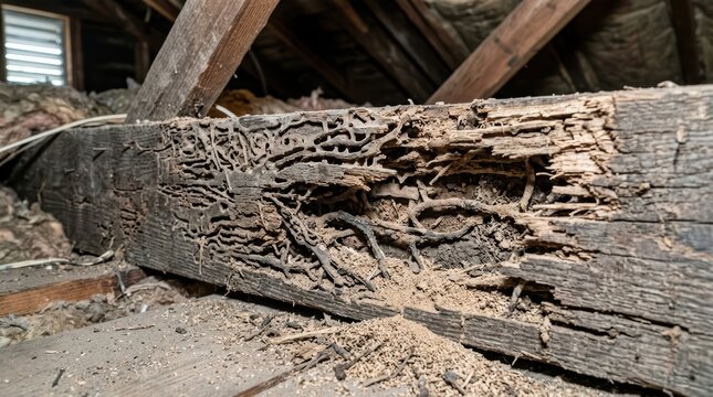 Wooden beam severely damaged by wood boring insects showing tunnels and frass in attic or roof structure close up