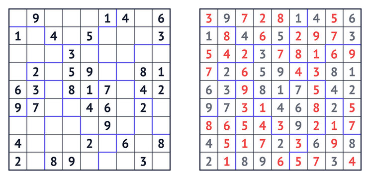Sudoku Mosaic of medium difficulty, one incomplete and one solved, on a transparent background with purple grid lines