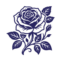 Fototapeta premium Navy blue detailed rose flower vector illustration with bud and leaves design element white background valentines day botanical blossoming romantic decorative
