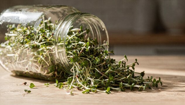 Freshly Grown Microgreens Sprouting from a Glass Jar, Elegantly Spilled onto a Rustic Wooden Surface, Bathed in Warm Natural Light &ndash; Highlighting Sustainable Living and Wholesome Nutrition
