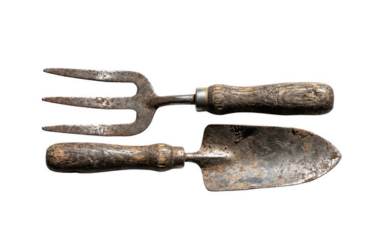 Antique rusty hand trowel and fork gardening tools