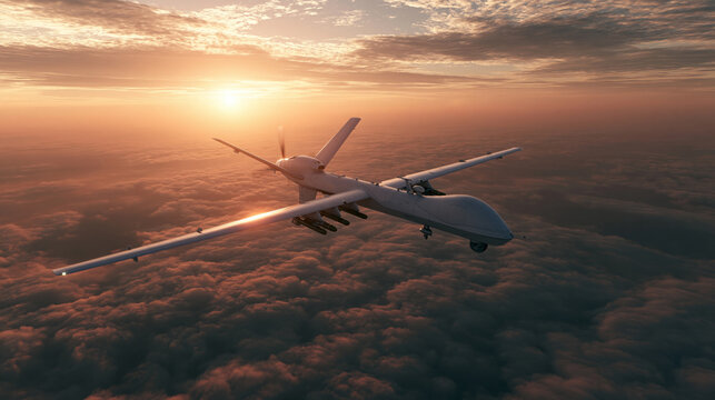High-altitude unmanned aerial vehicle above thick cloud layer with visible sunrise horizon, peaceful but tense atmosphere