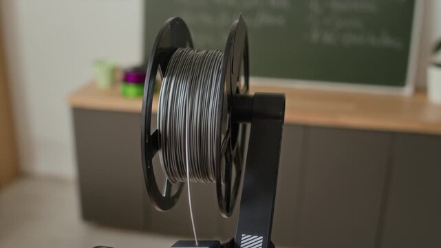 No people close up shot of gray thread with metallic sheen wound onto black spool, leading into 3D printer in modern classroom