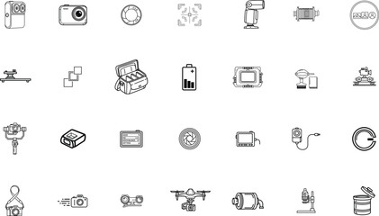 Fototapeta premium Photography thin liner icon set. Containing Camera Lens, DSLR Camera, Focus Frame, Camera Flash, Camera Bag, Battery Indicator. Editable vector illustrations. 