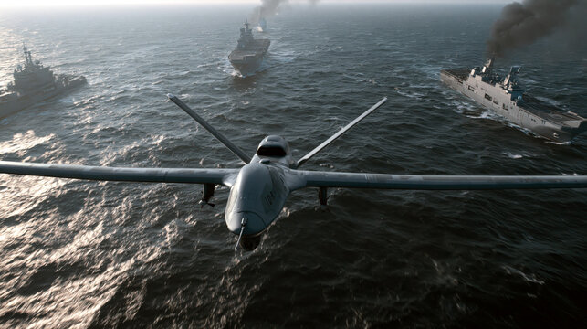 Naval drone escorting large military ships through open sea, maritime environment, aerial cinematic composition