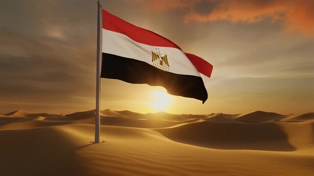AI-generated abstract of the national flag of Egypt flying against a glowing digital sunset horizon