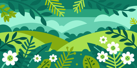 Green landscape illustration with rolling hills foliage and white flowers © Rathin
