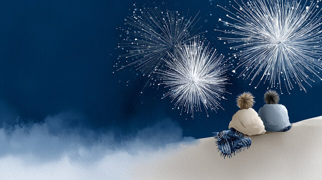 Friends Watching Fireworks Together from Hilltop Wrapped in Blankets Holiday Evening | Celebration and Belonging Vintage Ink Illustration

