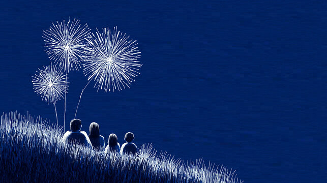 Friends Watching Fireworks Together from Hilltop Wrapped in Blankets Holiday Evening | Celebration and Belonging Vintage Ink Illustration

