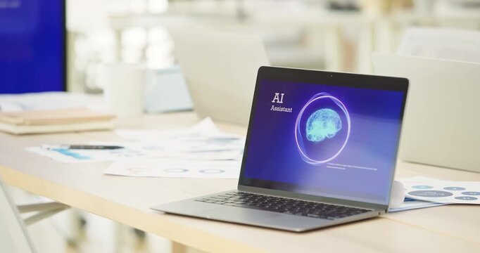 laptop screen displaying an Artificial Intelligence assistant program on office desk. Concept of smart workplace, automated business technology, generative AI integration, future corporate software.