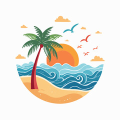 Obraz premium Tropical Beach Scene with Palm Tree, Ocean Waves, and Sunset