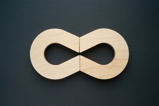 A wooden infinity puzzle piece on a dark background