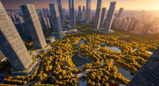 Aerial view of modern skyscrapers and green landscape in a developed urban area