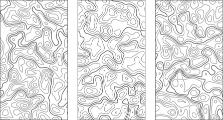 Topographic map line patterns, set of 3 abstract contour backgrounds, minimalist black and white terrain vector textures for geography and design © Masud010