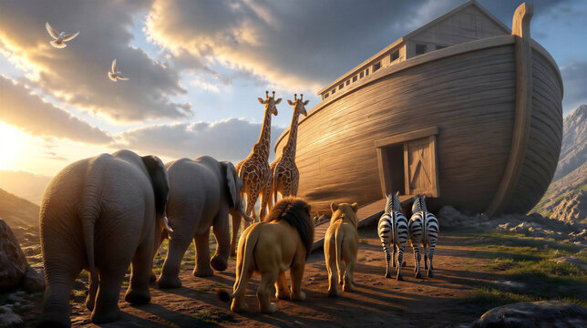 The great flood. Animals going inside Noah's ark. Biblical scene concept. 3d cartoon illustration.