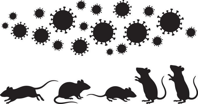 Group of rats silhouettes moving below a cloud of viral pathogens illustrating spread of zoonotic infections and rodent borne germs.